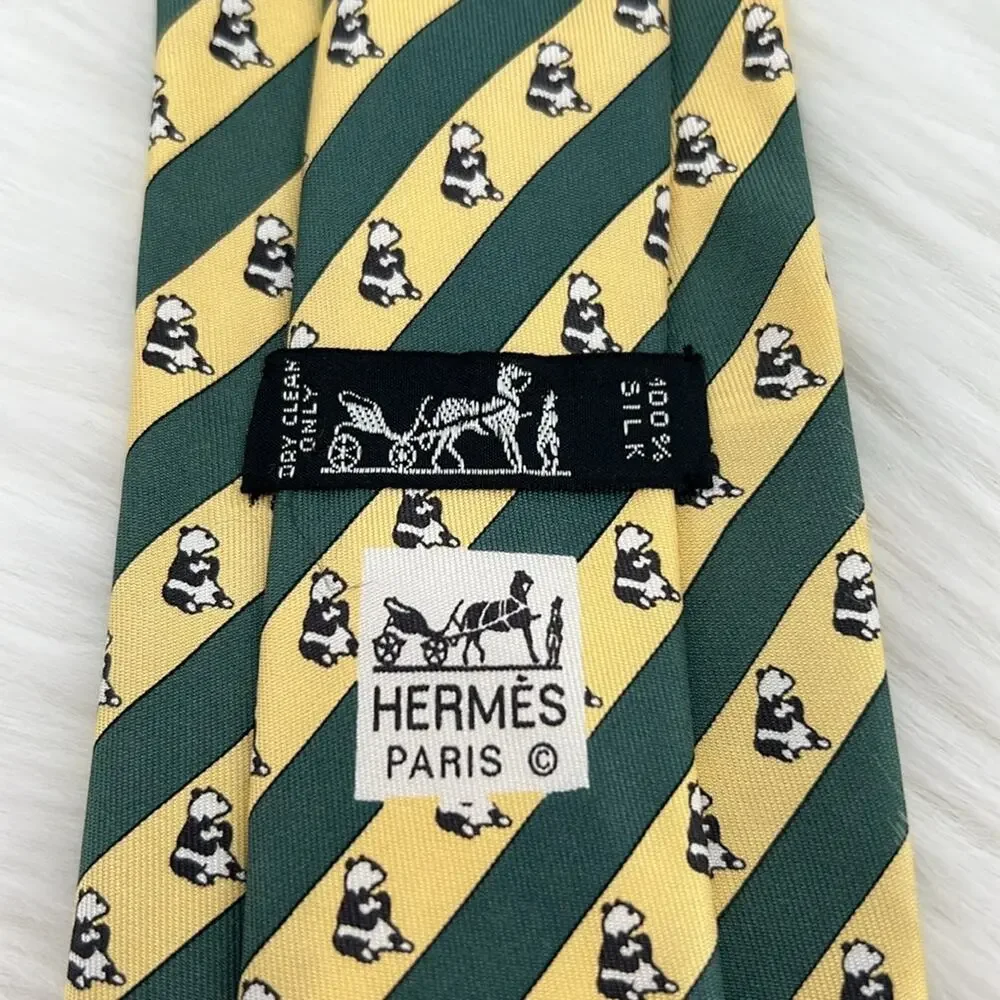 Hermes Rare Giant Panda holding baby tie - Gold/Green - 3.5